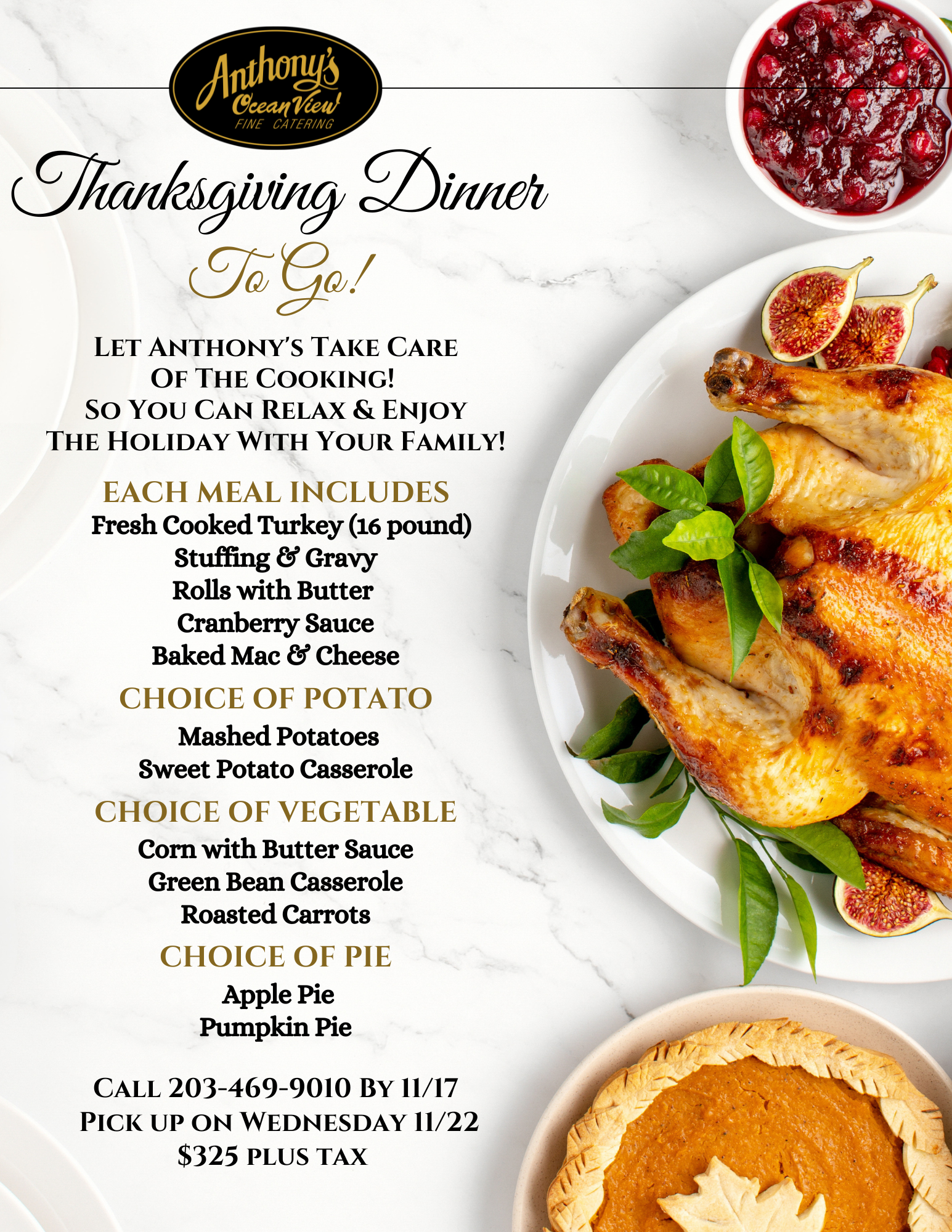 Anthonys Ocean View, New Haven, East Haven, Thanksgiving, Dinner, Event, Holiday 2023